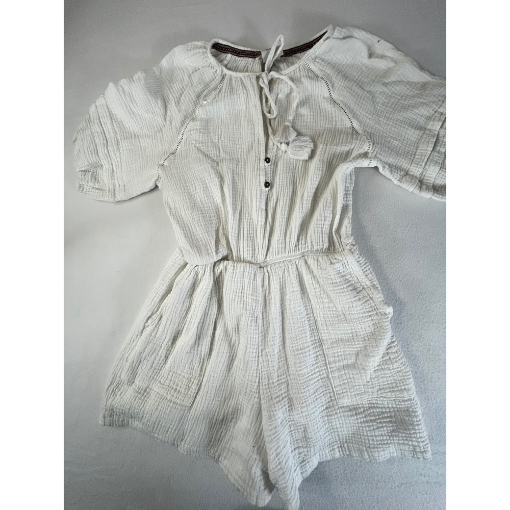 Knox Rose White Gauze Romper Tassel Tie Neck Short Sleeve Button Front Pockets M